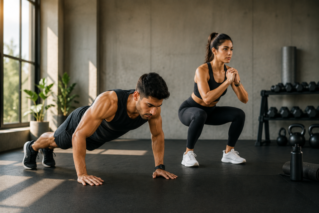 7 Exercises to Do Every Day 7 Exercises to Do Every Day featured in a modern gym scene with two athletes performing a push-up and squat, surrounded by fitness equipment and natural light.